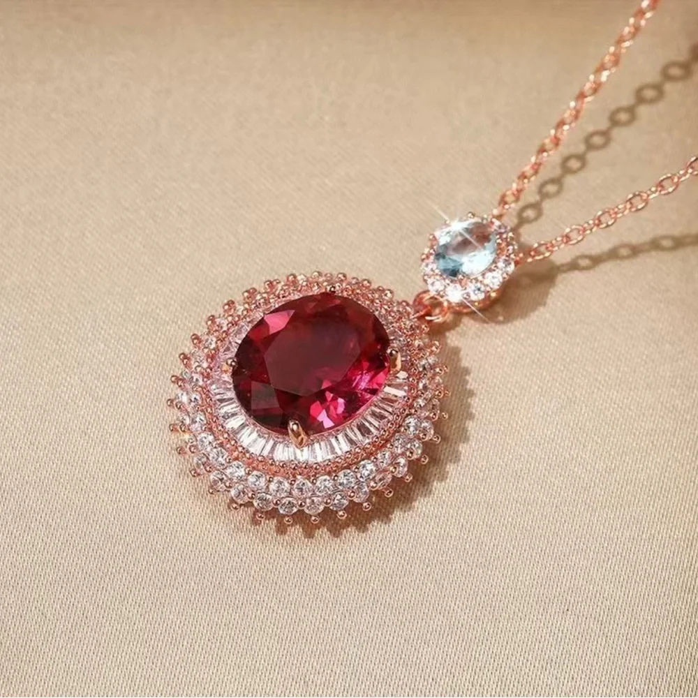 Rose Gold Necklace with Red Oval Gemstone Pendant